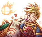  1boy amaterasu armor blonde_hair gloves golden_sun grey_eyes happy heart in_mouth logo nintendo one_eye_closed ookami_(game) paintbrush robin_(golden_sun) scarf super_smash_bros. tacoyaki tattoo 