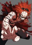 1boy blurry boku_no_hero_academia claw_pose clenched_teeth commentary_request depth_of_field fingernails forehead glowing glowing_eyes grey_background hair_horns headgear highres kirishima_eijirou leg_up looking_at_viewer male_focus matsumotoshinnnosuke orange_eyes outstretched_arm pants red_hair sanpaku serious sharp_fingernails sharp_teeth shirtless short_hair simple_background solo spiked_hair teeth torn_clothes torn_pants 