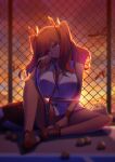  1girl absurdres azur_lane ball breasts bremerton_(azur_lane) bremerton_(scorching-hot_training)_(azur_lane) chain-link_fence cleavage crop_top crop_top_overhang egh fence green_shirt green_skirt highres holding holding_racket large_breasts long_hair manjuu_(azur_lane) miniskirt multicolored_hair pink_eyes pink_hair racket shirt skirt sleeveless sleeveless_shirt solo sportswear sunset tennis tennis_ball tennis_court tennis_racket tennis_uniform twintails two-tone_shirt two-tone_skirt white_shirt white_skirt 