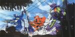  cable city eva_00 eva_01 eva_02 gainax gun house mecha military neon_genesis_evangelion no_humans official_art rifle scan science_fiction sky smoke standing tatsunoko_pro tree weapon yoshinari_you 