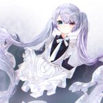  1girl apron black_dress closed_mouth curtsey dress expressionless eyebrows_visible_through_hair frilled_apron frills hatsune_miku heterochromia highres light_purple_hair long_hair long_sleeves maid maid_apron poteo project_sekai ribbon solo twintails twitter_username white_ribbon 