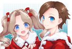  1boy 1girl :d asymmetrical_bangs bangs blue_background blue_eyes brother_and_sister brown_hair capelet christmas commentary drill_hair fur-trimmed_capelet fur-trimmed_jacket fur_trim genderswap genderswap_(ftm) genderswap_(mtf) hair_intakes hair_ornament hair_ribbon highres jacket katarina_claes keith_claes light_blush looking_at_viewer medium_hair open_mouth otome_game_no_hametsu_flag_shika_nai_akuyaku_reijou_ni_tensei_shite_shimatta outline polka_dot polka_dot_background red_capelet red_jacket red_ribbon reindeer_hair_ornament ribbon santa_costume short_hair siblings side-by-side smile step-siblings twin_drills twintails uika310p white_outline 