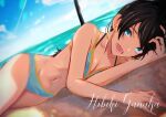  1girl :d bangs beach bikini black_hair blue_bikini blue_eyes breasts character_name cleavage collarbone day dutch_angle earrings ganaha_hibiki highres idolmaster idolmaster_(classic) jewelry long_hair looking_at_viewer lying ocean on_side oone0206 open_mouth outdoors shiny shiny_hair small_breasts smile solo striped striped_bikini swimsuit 