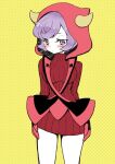  1girl breasts chorimokki courtney_(pokemon) fake_horns hood hoodie horned_headwear horns pokemon pokemon_(game) pokemon_oras purple_eyes purple_hair ribbed_sweater short_hair simple_background solo sweater team_magma team_magma_uniform uniform 