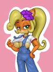  absurd_res activision anthro areola bandicoot big_breasts blonde_hair breasts clothed clothing clothing_lift coco_bandicoot crash_bandicoot_(series) female flower fur green_eyes hair hi_res lidded_eyes mammal mario-grant marsupial orange_body orange_fur overalls pink_background plant shirt shirt_lift simple_background smile solo topwear under_boob video_games 
