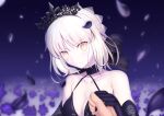  1girl artoria_pendragon_(all) bangs black_bow black_choker black_gloves bow breasts choker cleavage closed_mouth collarbone diadem elbow_gloves eyebrows_visible_through_hair fate/stay_night fate_(series) gloves hair_bow highres holding_hands medium_breasts neko_daruma petals pov purple_background saber_alter short_hair silver_hair solo_focus yellow_eyes 