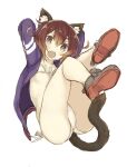  1girl animal_ear_fluff animal_ears arms_up bangs bikini bikini_under_clothes blue_jacket breasts brown_eyes brown_hair cat_ears cat_girl cat_tail commentary_request fang front-tie_top full_body hair_between_eyes jacket kantai_collection legs_up looking_at_viewer mutsuki_(kancolle) open_clothes open_jacket open_mouth ryo_(tg290) short_hair side-tie_bikini simple_background skin_fang small_breasts solo swimsuit tail white_background white_bikini 