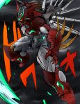  absurdres amakawa_mayu cloud cloudy_sky getter_arc getter_robo getter_robo_arc highres horns huge_filesize looking_at_viewer mecha no_humans open_hands open_mouth science_fiction sharp_teeth sky solo super_robot teeth yellow_eyes 