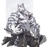  1boy abs animal_ears arknights bara black_pants chain_necklace furry highres looking_to_the_side male_focus mountain_(arknights) muscular muscular_male navel navel_hair nipples open_mouth pants pectorals scar scar_on_arm scar_on_chest shirtless short_hair sketch solo tiger_boy tiger_ears tiger_stripes white_fur wincalblanke 