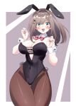  1girl :3 :d absurdres animal_ears areola_slip areolae bangs bare_shoulders belt black_belt blue_eyes bow bowtie breasts brown_hair brown_legwear bunny_ears center_opening covered_navel cowboy_shot crotch_seam curvy detached_collar eyebrows_visible_through_hair fake_animal_ears hair_ornament highleg highleg_leotard highres large_breasts leotard looking_at_viewer medium_hair nail_polish nijisanji open_mouth osiaarah pantyhose pink_nails playboy_bunny side-tie_leotard smile solo strapless strapless_leotard suzuhara_lulu thighs v-shaped_eyebrows virtual_youtuber wing_collar wrist_cuffs x_hair_ornament 