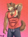  abs anthro armpit_hair armpit_tuft arthropod_abdomen beard biceps black_claws black_muzzle blep blue_clothing body_hair brown_body brown_fur bulge canid canine canis cheek_tuft claws clothing dunothewolf eyebrows facial_hair facial_tuft fingers fur hair hand_behind_head hi_res looking_at_viewer male mammal meme meme_clothing multicolored_arms multicolored_body multicolored_ears multicolored_fur multicolored_hands multicolored_skin multicolored_tail muscular muscular_anthro muscular_male nipple_outline nipple_slip nipple_zipper pecs pink_background pink_tongue pockets red_clothing red_eyes scarf shirt simple_background smile snout solo tail_tuft tank_top tongue tongue_out top_tank_meme topwear triceps tuft tufted_ears two_tone_body two_tone_ears two_tone_fur two_tone_tail wolf zipper 