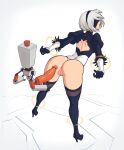  1girl anus ass black_blindfold black_footwear blindfold dildo gloves high_heels highres imminent_sex nier_(series) nier_automata pod_(nier_automata) pussy red_lips restrained robot sex_toy short_hair square_enix suoiresnu white_background white_hair yorha_no._2_type_b 