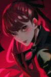  1girl bangs gloves highres holding holding_mask long_hair looking_at_viewer mask oone0206 parted_lips persona persona_5 persona_5_the_royal portrait red_background red_eyes red_gloves red_hair red_lips red_theme shiny shiny_hair solo yoshizawa_kasumi 