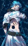  1boy bleach blue_background blue_eyes blue_hair clenched_teeth from_behind grimmjow_jaegerjaquez hole_on_body jacket looking_at_viewer looking_back male_focus sheath shiny shiny_hair sleeves_rolled_up solo soraao0322 teeth white_jacket 