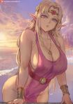  1girl armlet bare_shoulders belt blonde_hair blue_eyes breasts circlet cleavage cloud cloudy_sky collarbone commentary covered_navel cowboy_shot highres jewelry large_breasts long_hair looking_at_viewer necklace nintendo no_panties outdoors parted_lips pointy_ears princess_zelda shexyo sky solo the_legend_of_zelda watermark web_address 