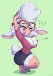  2020 anthro big_breasts big_butt bovid breasts butt button_pop caprine cleavage clothed clothing crouching dawn_bellwether disney eyes_closed eyewear female glasses hands_behind_head hi_res hooves joelasko mammal open_mouth sheep solo thick_thighs yawn zootopia 