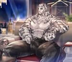  1boy abs animal_ears arknights bara black_pants bulge feet_out_of_frame furry indoors jidibeng_(syzenss) looking_to_the_side male_focus mountain_(arknights) muscular muscular_male nipples office official_alternate_costume pants pectorals scar scar_across_eye shirtless short_hair sitting solo spread_legs thick_thighs thighs tiger_boy tiger_ears tiger_stripes white_fur 