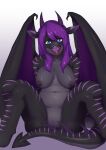  2015 absurd_res anthro black_body blue_eyes breasts cute_fangs dragon female genitals hair hi_res horn looking_at_viewer navel nipples non-mammal_breasts nude oko-san open_mouth purple_hair purple_stripes pussy scalie simple_background solo stripes tongue wings 