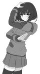  1girl arm_up bangs blush closed_mouth eyebrows_visible_through_hair greyscale highres hood hood_down hooded_jacket jacket long_sleeves looking_at_viewer monochrome original pleated_skirt pose short_hair simple_background skirt solo thighhighs white_background yakob_labo 