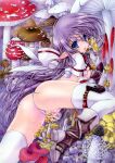  1girl absurdres ass bangs blue_eyes boots braid breasts fingerless_gloves gloves highres holster long_hair mushroom nipples open_mouth original pointy_ears purple_hair ramiya_ryou scan small_breasts solo sweat thigh_holster thighhighs white_legwear 