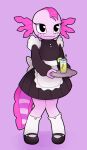  absurd_res amphibian amphibian_humanoid animal_humanoid anthro axolotl beverage clothing female hi_res humanoid knee_highs knock-kneed legwear lotte_(metapuns) maid_uniform metapuns mole_salamander pink_body salamander_(amphibian) solo uniform 