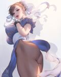  1girl ass breasts brown_hair chun-li double_bun earrings highres jewelry large_breasts lips long_hair looking_at_viewer looking_down love_cacao pantyhose parted_lips short_hair solo spiked_gauntlets street_fighter thick_thighs thighs 
