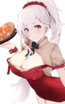  1girl apron azur_lane bangs bare_shoulders belfast_(azur_lane) belfast_(piping-hot_perfection)_(azur_lane) blush breasts chain cleavage collar collarbone food hair_ornament hairclip highres itete large_breasts long_hair looking_at_viewer metal_collar pizza ponytail purple_eyes red_apron short_sleeves silver_hair smile thighs tray white_hair 