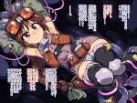  1girl borrowed_character braid brown_eyes brown_hair cable clenched_teeth commentary commentary_request frown glowing goggles goggles_on_head long_braid original panties restrained sex_machine stationary_restraints teeth tomoshibi_hidekazu translation_request underwear 