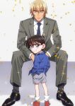  2boys amuro_tooru bangs black_footwear blazer blonde_hair blue_eyes blue_jacket blue_neckwear brown_hair child closed_mouth collared_shirt commentary_request confetti edogawa_conan formal full_body glasses grey_background grey_jacket grey_pants grey_shorts grey_suit hair_between_eyes hands_in_pockets highres jacket k_(gear_labo) long_sleeves looking_at_viewer looking_back male_focus meitantei_conan multiple_boys necktie pants serious shirt shoes short_hair shorts sitting smile sneakers socks sparkle standing suit two-tone_background white_background white_legwear white_shirt 