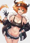  1girl :d ahoge arknights armpits bare_shoulders black_gloves black_jacket black_shorts breasts cleavage collarbone cowboy_shot croissant_(arknights) crop_top floating_hair fur_trim gloves green_eyes hand_on_hip hand_up horns id_card jacket kuguiema large_breasts long_hair looking_at_viewer low_ponytail micro_shorts midriff navel off_shoulder open_clothes open_jacket open_mouth orange_hair shorts simple_background smile solo sports_bra stomach thigh_gap visor_cap white_background 