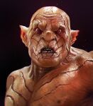  1boy azog black_background broken_teeth colored_skin highres kalmahul legendarium looking_at_viewer male_focus orange_skin realistic scar sharp_teeth shiny shiny_skin solo teeth the_hobbit upper_body 