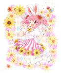  1girl ;d alternate_costume animal_ears ankle_strap argyle argyle_background beige_background border bow bunny_ears center_frills colorful confetti dot_nose easter eyebrows_visible_through_hair facing_viewer fake_animal_ears fingernails flat_chest flower flower_border flower_skirt frills full_body hair_flower hair_ornament hair_ribbon hands_up happy highres kaname_madoka knees_together_feet_apart light_blush mahou_shoujo_madoka_magica miniskirt mochizuki_yomogi neck_ribbon one_eye_closed open_mouth orange_flower pantyhose pink_eyes pink_flower pink_hair pom_pom_(clothes) puffy_short_sleeves puffy_sleeves purple_flower red_ribbon ribbon shiny shiny_hair shoes short_sleeves short_twintails simple_background skirt smile solo soul_gem striped striped_skirt tareme twintails vertical-striped_skirt vertical_stripes waist_bow white_border white_bow white_footwear white_legwear wrist_cuffs yellow_flower yellow_ribbon 