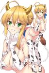 1girl ahoge animal_ears animal_print artoria_pendragon_(all) artoria_pendragon_(lancer) bangs bikini blush boots braid breasts cleavage cow_ears cow_horns cow_print cow_tail elbow_gloves fake_horns fate/grand_order fate_(series) french_braid gloves grin hair_between_eyes hair_ribbon hands_up highres horns large_breasts leaning_forward looking_at_viewer micro_bikini navel ribbon shirokuma_a short_hair_with_long_locks simple_background smile solo swept_bangs swimsuit tail thigh_boots thighhighs white_background 