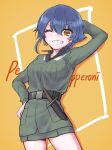  100zi 1girl ;) anzio_military_uniform arm_behind_head arm_up background_text bangs belt black_belt black_hair black_shirt braid brown_eyes character_name commentary cowboy_shot dress_shirt eyebrows_visible_through_hair girls_und_panzer grey_jacket grey_skirt grin hand_on_hip highres jacket knife long_sleeves looking_at_viewer military military_uniform miniskirt one_eye_closed orange_background pepperoni_(girls_und_panzer) shadow shirt short_hair side_braid skirt smile solo standing uniform wing_collar 