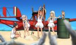  5girls aircraft airplane annin_musou arms_up bangs barrel beach black_hair blonde_hair blue_sky blunt_bangs brown_eyes brown_hair closed_eyes commentary_request day dress eyebrows_visible_through_hair fairy_(kantai_collection) grecale_(kantai_collection) green_eyes hair_ribbon headgear italian_flag kantai_collection libeccio_(kantai_collection) long_hair maestrale_(kantai_collection) multiple_girls neckerchief ocean one_side_up open_mouth outdoors ribbon sailor_collar sailor_dress sand scirocco_(kantai_collection) short_hair silver_hair sitting sky sleeveless sleeveless_dress smile stretch twintails vehicle_request wavy_hair white_dress white_ribbon white_sailor_collar 