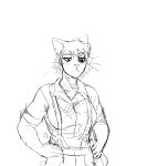  2021 anthro black_eye_(injury) cat_knight comic domestic_cat felid feline felis female hands_on_hips hi_res hladilnik mammal monochrome sketch solo suspenders 