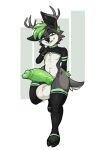  anthro antlers balls big_balls big_penis black_body black_fur cervid clothing crop_top fur genitals green_eyes green_hair hair hi_res hooves horn huge_penis legwear male mammal penis shirt solo teratophilia_(artist) thick_thighs topwear vein 