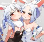 2girls :3 animal_ears bare_shoulders black_leotard blue_hair blue_nails blush braid breasts bunny_ears cheek-to-cheek cleavage closed_mouth dated detached_sleeves don-chan_(usada_pekora) eyebrows_visible_through_hair fingernails grey_legwear hair_bun hand_on_hip highres hololive leotard looking_at_viewer mountain_han multicolored multicolored_hair multicolored_nails multiple_girls nail_polish navel pantyhose pekomama pelt playboy_bunny puffy_detached_sleeves puffy_short_sleeves puffy_sleeves rabbit_girl red_eyes short_sleeves signature small_breasts smile sparkle sweat symbol_commentary topknot twin_braids two-tone_hair usada_pekora white_hair 