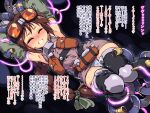  1girl borrowed_character braid brown_eyes brown_hair cable commentary commentary_request glowing goggles goggles_on_head long_braid motion_lines original panties restrained sex_machine stationary_restraints sweat tears teeth tomoshibi_hidekazu translation_request twitching underwear wince 