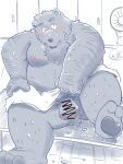  2021 3:4 anthro balls belly blush bodily_fluids dain_4201 facial_hair genitals hi_res kemono male mammal moobs mustache nipples overweight overweight_anthro overweight_male penis sitting solo sweat towel ursid 