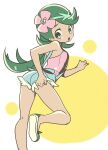  1girl ass breasts chorimokki dark_skin dark_skinned_female flower green_eyes green_hair hair_flower hair_ornament long_hair looking_at_viewer mallow_(pokemon) open_mouth pokemon pokemon_(game) pokemon_sm quad_tails shorts solo twintails 