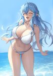  1girl :d absurdres ahoge ass_visible_through_thighs bangs bare_arms bare_shoulders bikini blue_hair blue_sky blush breasts cleavage closed_eyes collarbone day elf eyebrows_visible_through_hair facing_viewer feet_out_of_frame highres hololive horizon large_breasts leaning_forward lkdv long_hair ocean open_mouth outdoors pointy_ears sky smile solo standing swimsuit thighs very_long_hair virtual_youtuber water white_bikini yukihana_lamy 