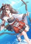  1girl absurdres arrow_(projectile) bangs bow_(weapon) brown_eyes brown_hair closed_mouth cloud day hachimaki hair_between_eyes hakama hakama_pants headband highres holding holding_bow_(weapon) holding_weapon japanese_clothes kantai_collection long_hair long_sleeves mizuki_eiru_(akagi_kurage) muneate outdoors quiver red_hakama rigging sandals sky solo water weapon wide_sleeves zuihou_(kantai_collection) 