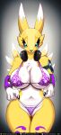  2021 anthro areola areola_slip big_breasts black_nose black_sclera blue_eyes bodily_fluids bra breasts canid chest_tuft clothed clothing digimon digimon_(species) digital_media_(artwork) dipstick_ears don_ko facial_markings female head_markings headphones hi_res looking_at_viewer mammal markings multicolored_ears navel nipple_outline panties renamon solo sweat text tuft underwear url 