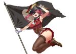  1girl :d armpits ass black_legwear boots breasts brown_legwear coat eyepatch flag gloves hand_on_headwear hand_up hat holding holding_flag hololive houshou_marine long_hair mizuryuu_kei navel open_clothes open_coat open_mouth pirate_hat purple_hair red_eyes simple_background smile solo teeth thighhighs tongue twintails two-sided_coat virtual_youtuber white_background white_gloves 