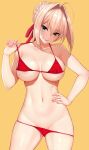  1girl ahoge bangs bikini bikini_lift blonde_hair blush border braid breasts cleavage cocq_taichou fate/extra fate/grand_order fate_(series) french_braid green_eyes hair_between_eyes hair_bun hair_intakes hair_ribbon hand_on_hip large_breasts long_hair looking_at_viewer navel nero_claudius_(fate) nero_claudius_(fate)_(all) red_bikini red_ribbon ribbon short_hair smile solo strap_pull swimsuit thighs white_border yellow_background 