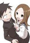  1boy 1girl :d absurdres bangs black_hair black_jacket black_pants black_sailor_collar black_skirt blush brown_eyes brown_hair commentary_request forehead gakuran highres jacket karakai_jouzu_no_takagi-san long_hair long_sleeves looking_at_another looking_at_viewer nishikata official_art open_mouth pants parted_bangs pleated_skirt sailor_collar school_uniform serafuku shirt simple_background skirt smile sweat takagi-san upper_teeth v v-shaped_eyebrows white_background white_shirt yamamoto_souichirou 