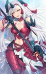  1girl black_gloves breasts cleavage clothing_cutout fate/grand_order fate_(series) feathers gloves hagino_kouta highres kiichi_hougen_(fate) long_hair navel navel_cutout polearm spear twitter_username weapon white_hair yellow_eyes 