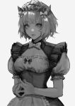  1girl borrowed_character bow breasts cleavage cleavage_cutout closed_mouth clothing_cutout fingernails frills grey_background greyscale hands_together highres horns maid maid_headdress monochrome original shiny shiny_hair short_hair simple_background solo turtleneck uglykao 