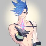  1boy bare_shoulders black_gloves blue_eyes blue_hair closed_mouth collarbone fire flame galo_thymos gloves hair_over_one_eye imanatsu male_focus muscular promare smile solo spiked_hair upper_body 